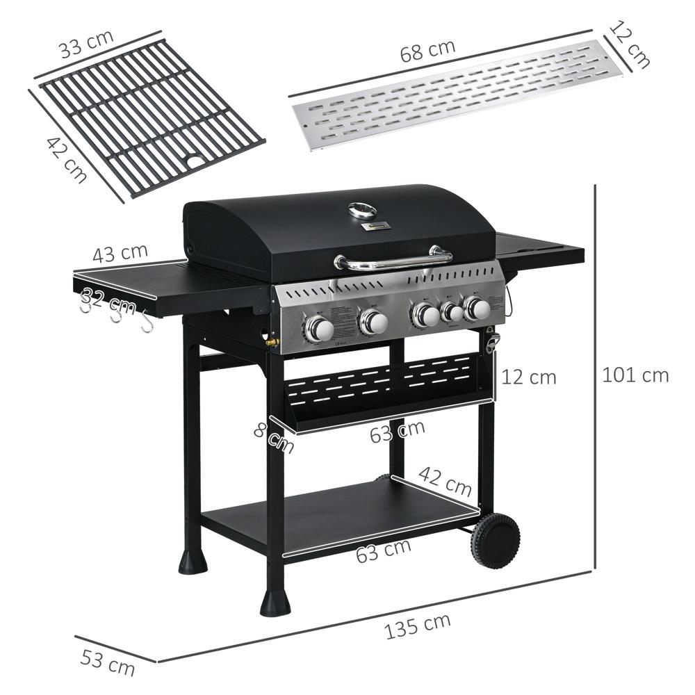 5-brännare gasgrillvagn med termometer, sidohylla och hjul för camping och trädgårdsgrill