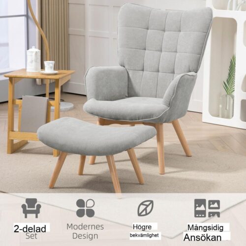 Grå manchester Wing Chair and Pall Set – Klädd loungestol med fotstöd