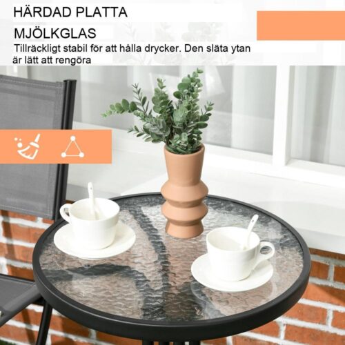 Grey Steel Bistro Set för 2, hopfällbara stolar och härdat glasbord