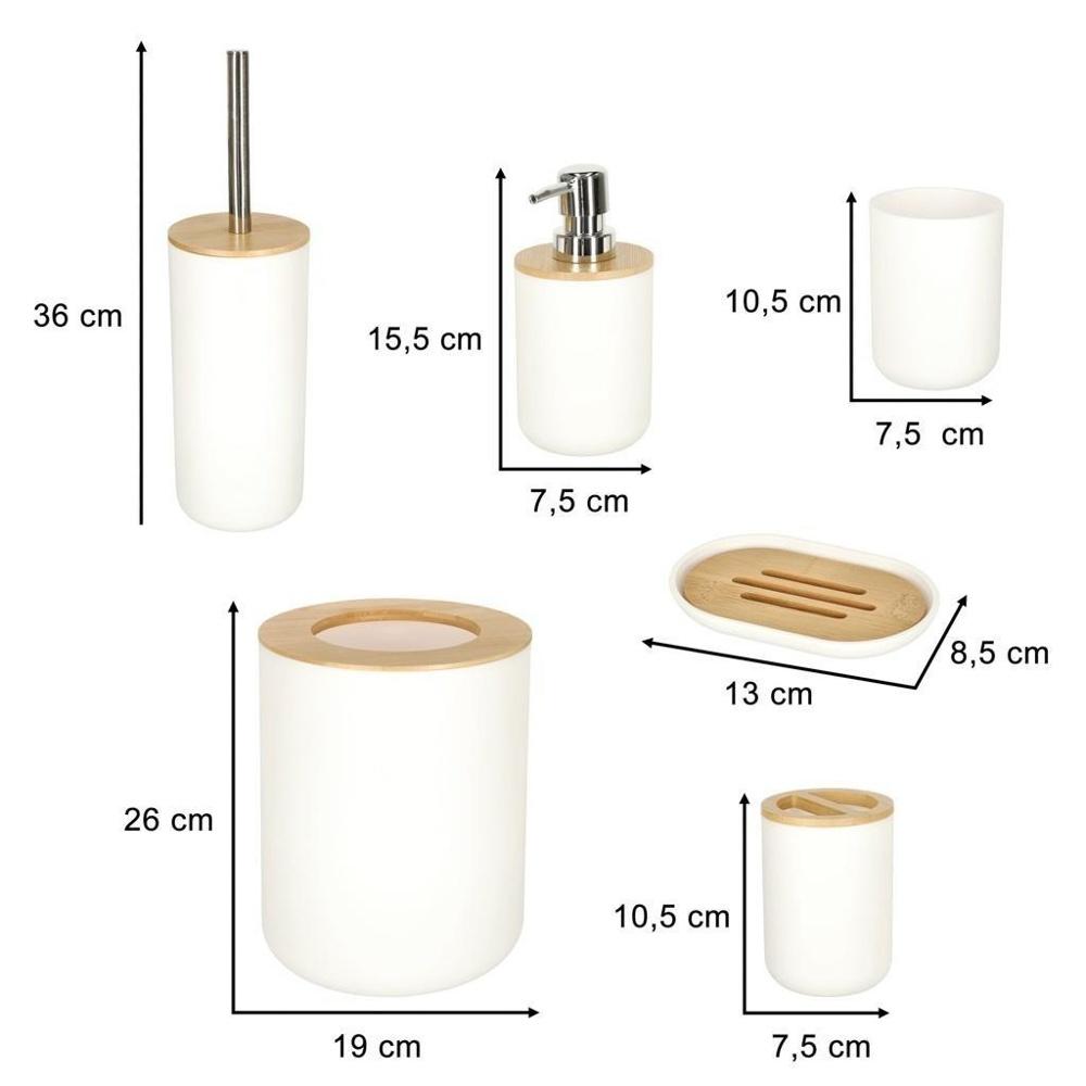 6-delat vit badrumsset med trädetaljer – Inkluderar borste och dispenser