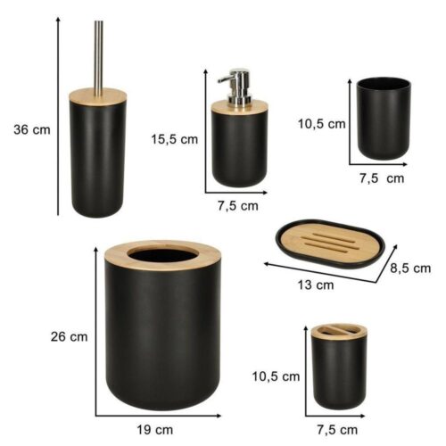 6-delat svart badrumsset med trädetaljer – inkluderar borste, tvålautomat och mer
