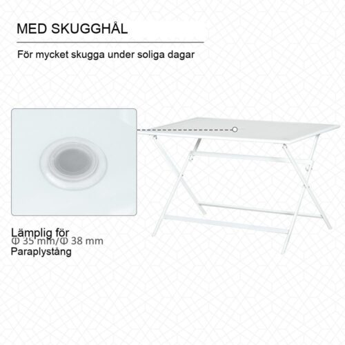 Fällbart uteplatsbord med paraplyhål, vit metall och glas