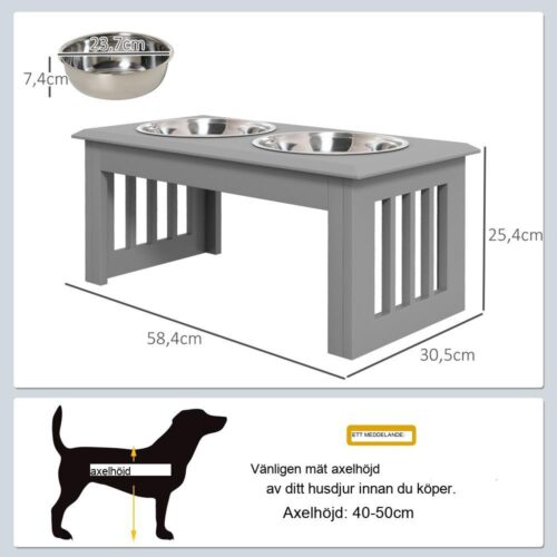 Upphöjd hundmatningsstation med två skålar i rostfritt stål grå