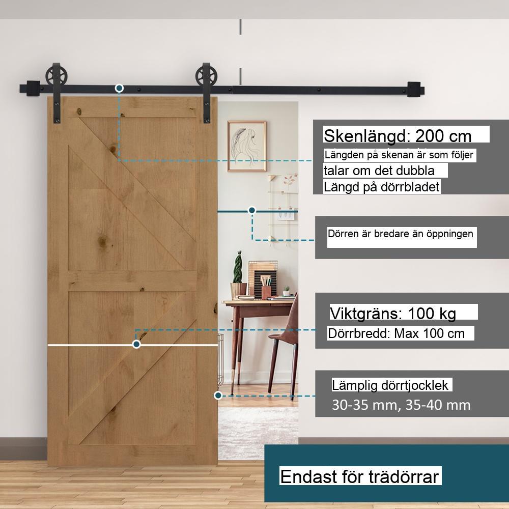 Svart skjutdörrssats i kolstål – 200 cm Heavy Duty Rustik Style Set 90 kg Kapacitet