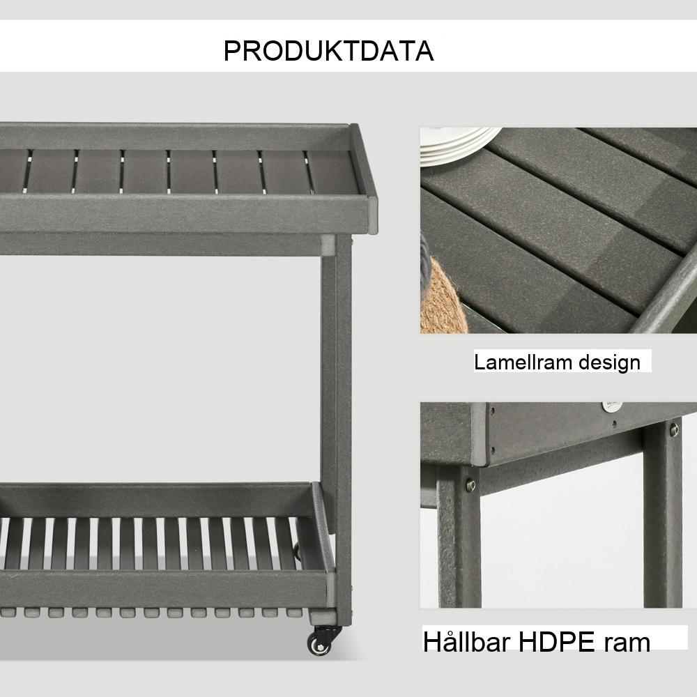 Serveringsvagn utomhus med hyllor och handduksställ, 2-våningsvagn 87x50x80cm