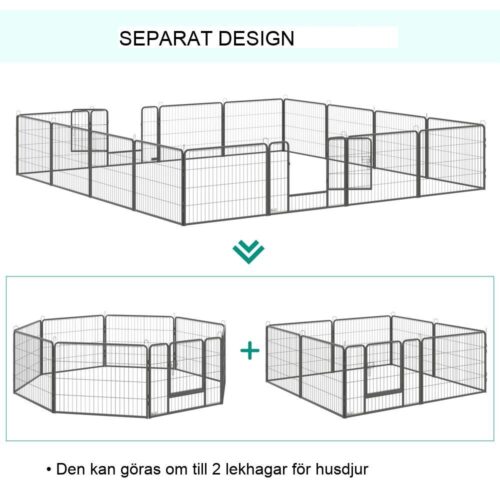 Anpassningsbar lekhage för husdjur i stål, 16 segment, 2 dörrar, inomhus/utomhus