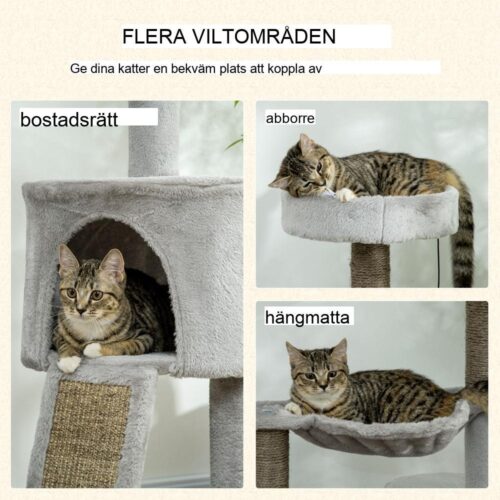 Modernt kattträd med skrapstolpe, säng och grotta för små katter