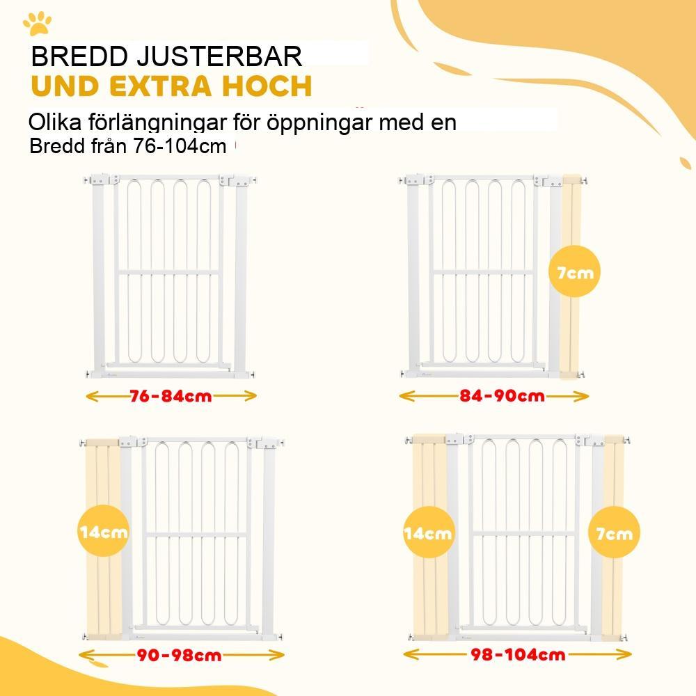 Hundskyddsgrind i vit stål, Justerbar 76-104cm, Ingen borrning, Låsbar