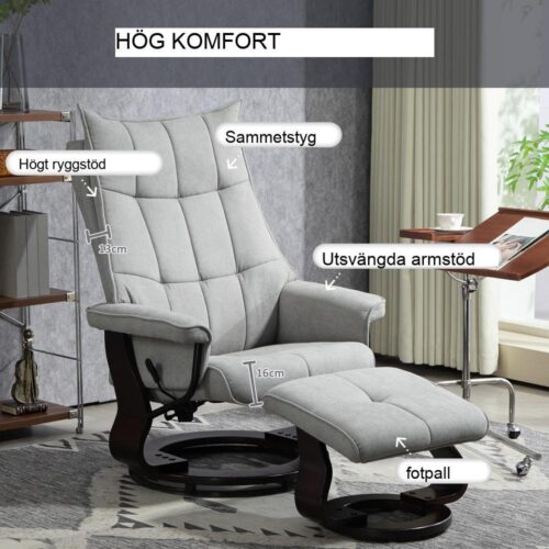 Grey Velvet Recliner Stol med ottomansk och gungfunktion