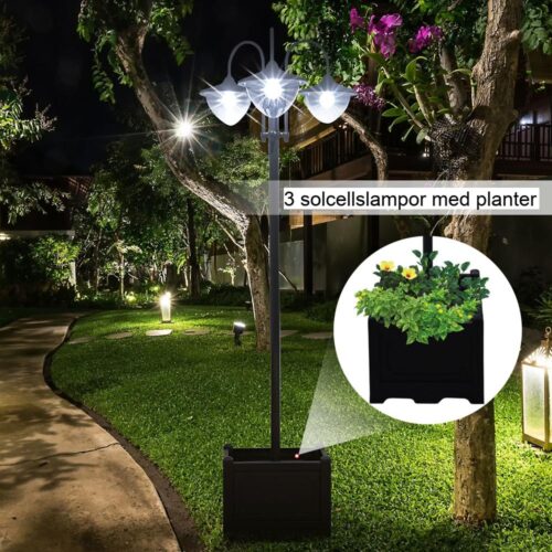 Solar Garden Light, 3-huvud LED-lampa med blomkruka, vattentät och hållbar