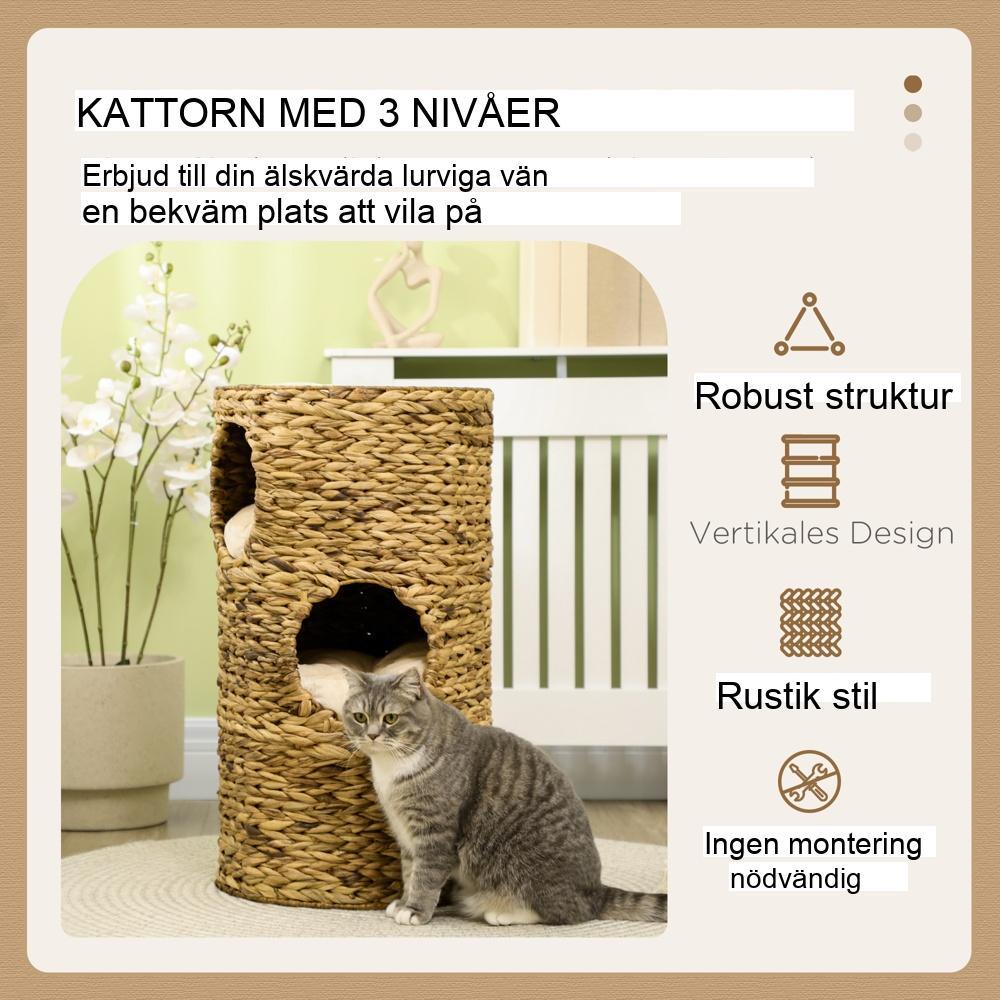 Naturligt vattenhyacint-katttorn med 3 mysiga grottor och kudde