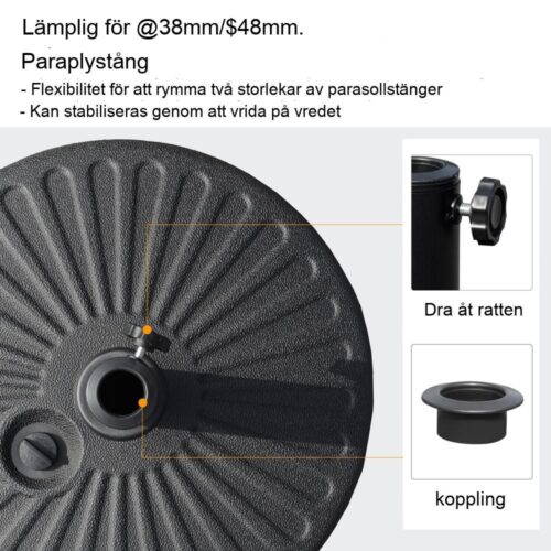 Kraftig svart parasollbas för 38/48 mm paraplyer – 22 kg kapacitet