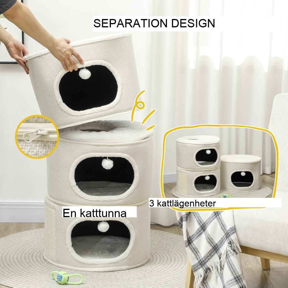 3-nivå Cat Barrel Tower med skrapstolpar och lekbollar, beige+krämvit