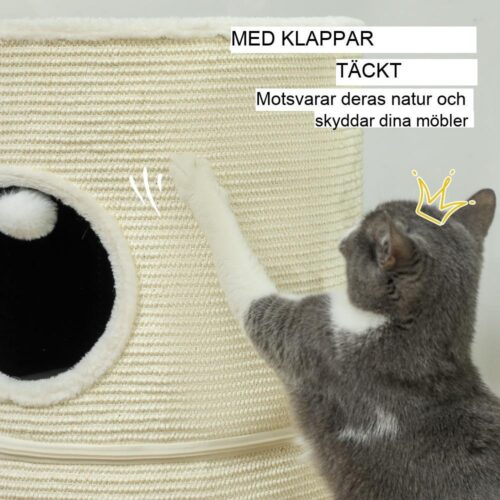 Creme White Cat Barrel Tower med 2 grottor, skrapstolpar och lekbollar (upp till 5 kg)