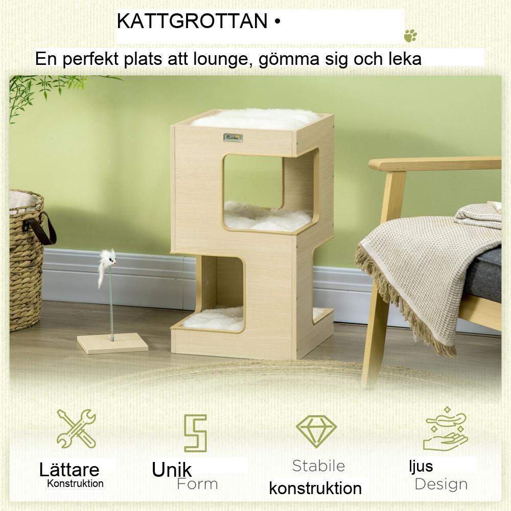 Kattskåp i 3 våningar i ek med kuddar och leksaker, katthus inomhus