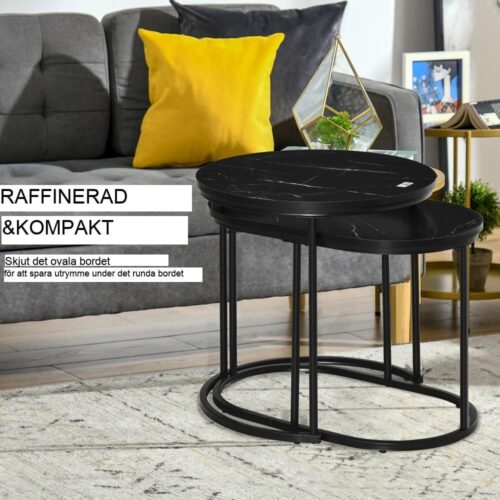 2-pack runda och ovala soffbordsset, stapelbar, MDF och stål Svart Ø50cm