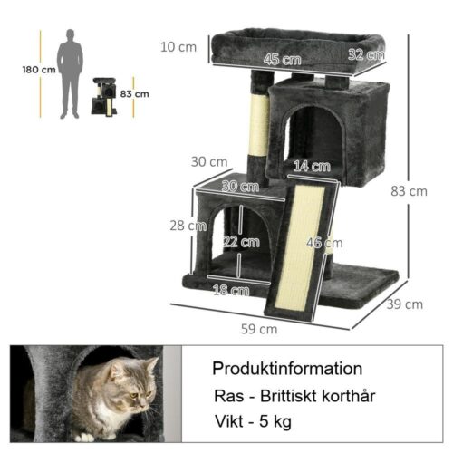 Mörkgrå kattträdskrapstolpe med sisalkolonn för aktiva katter upp till 30 kg