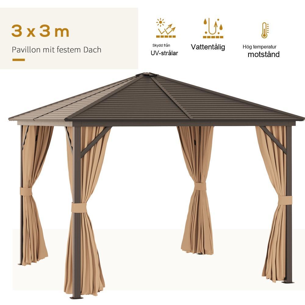 Trädgårdspaviljong Lusthus med gardiner – sol- och regnskydd, brons aluminiumram 3x3m