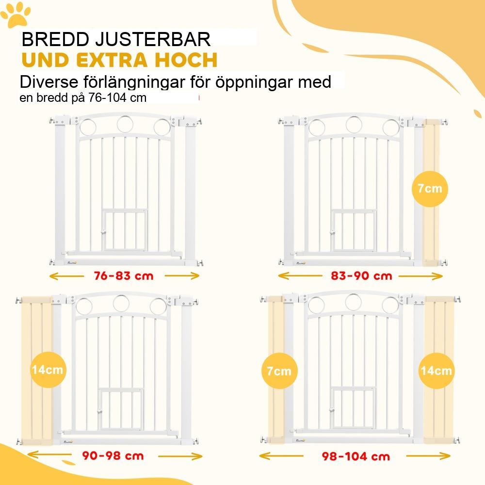 Vit justerbar trappgrind i stål med kattdörr, 76-104 cm bred