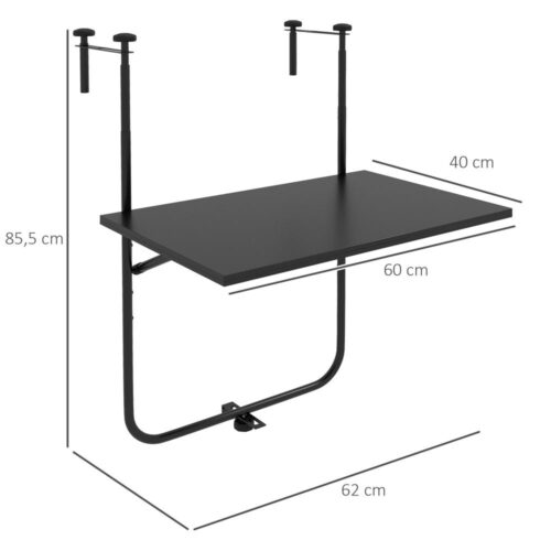 Justerbart balkongbord för upphängning – hopfällbart, höjdjusterbart, svart (62x60cm)