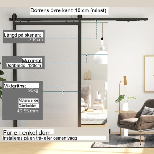 Svart skjutdörrshårdvarusats, 244 cm, smidig glidning och brusreducering