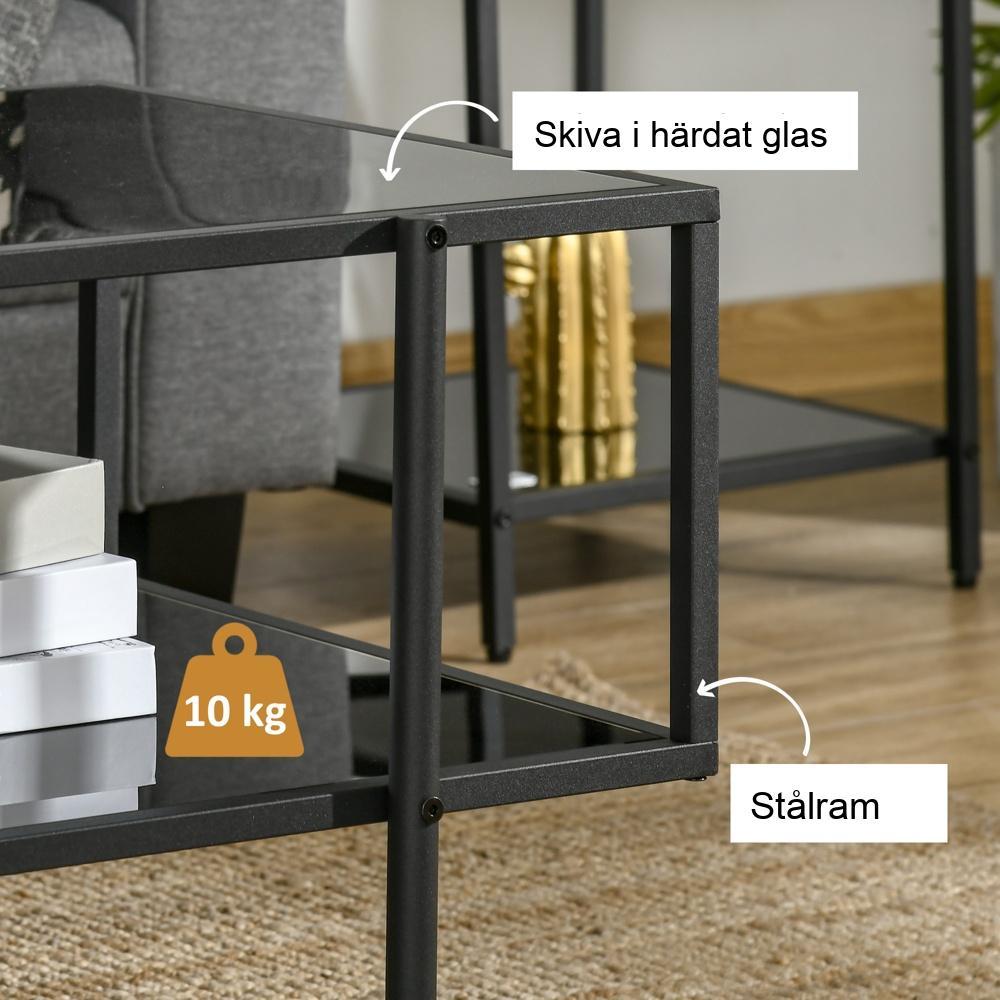 Soffbord i svart härdat glas med förvaringshylla, moderna vardagsrumsmöbler