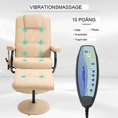 Gräddvit liggande massagestol med pall och 10 vibrationslägen