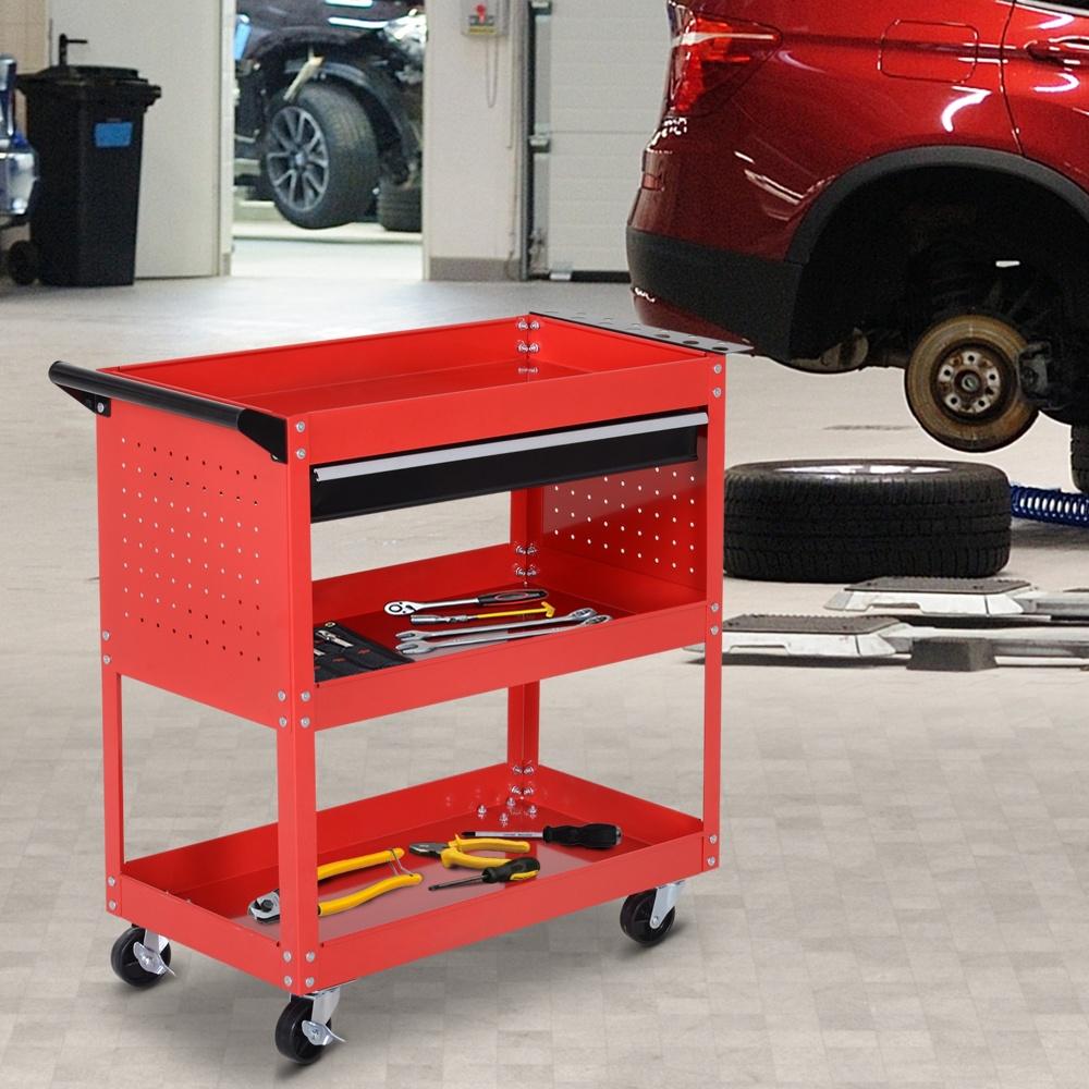 Red Steel Tool Trolley med låda, 60 kg kapacitet, garageförvaring