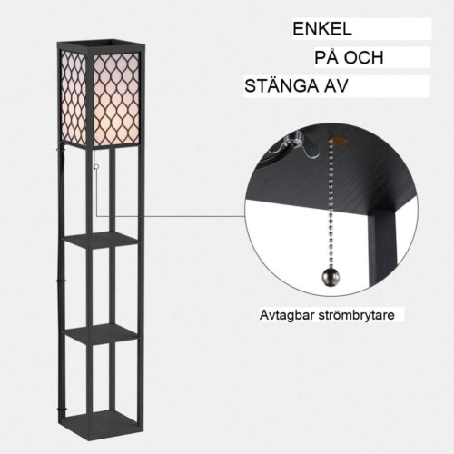 Modern golvlampa i trä med hyllor och integrerad belysning, svart