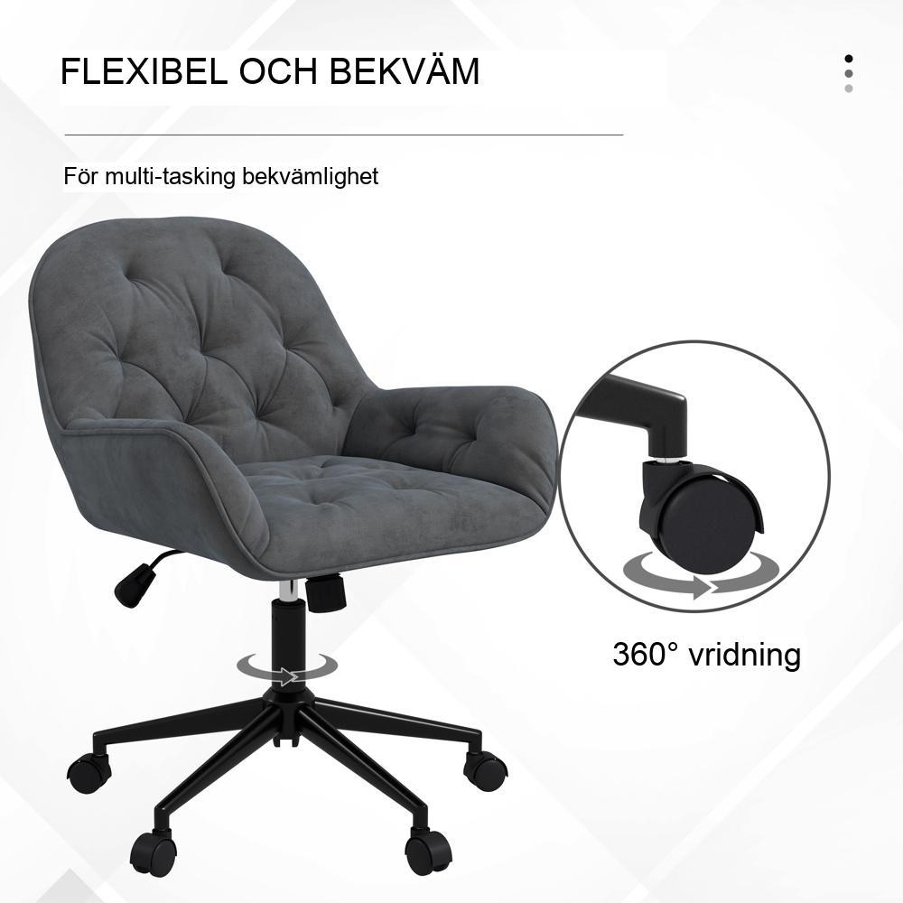 Ergonomisk kontorsstol i sammet, justerbar höjd och vridbara hjul, mörkgrå