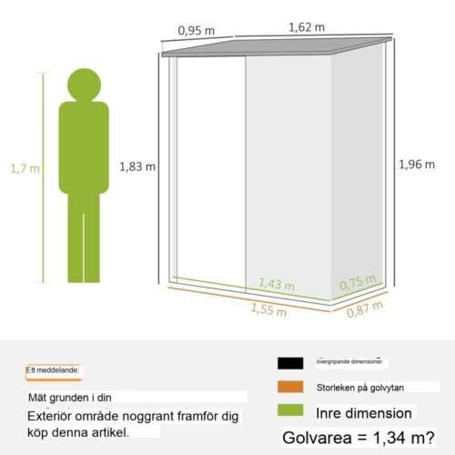 Verktygsskjul i svart metall, låsbart, 1,34 m², hängt tak, trädgårdsförvaringsskåp