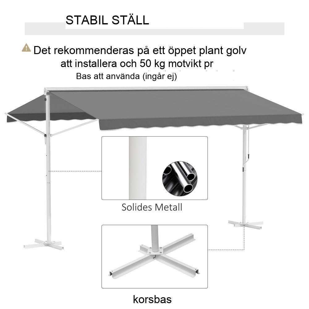 Fristående trädgårdsmarkis, 4,5×3,4m, grå, fällbara armar och vev