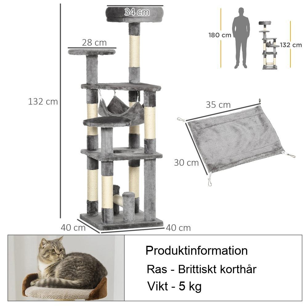 Grå kattträd med plattformar Hängmatta skrapstolpe L40 x B40 x H132cm