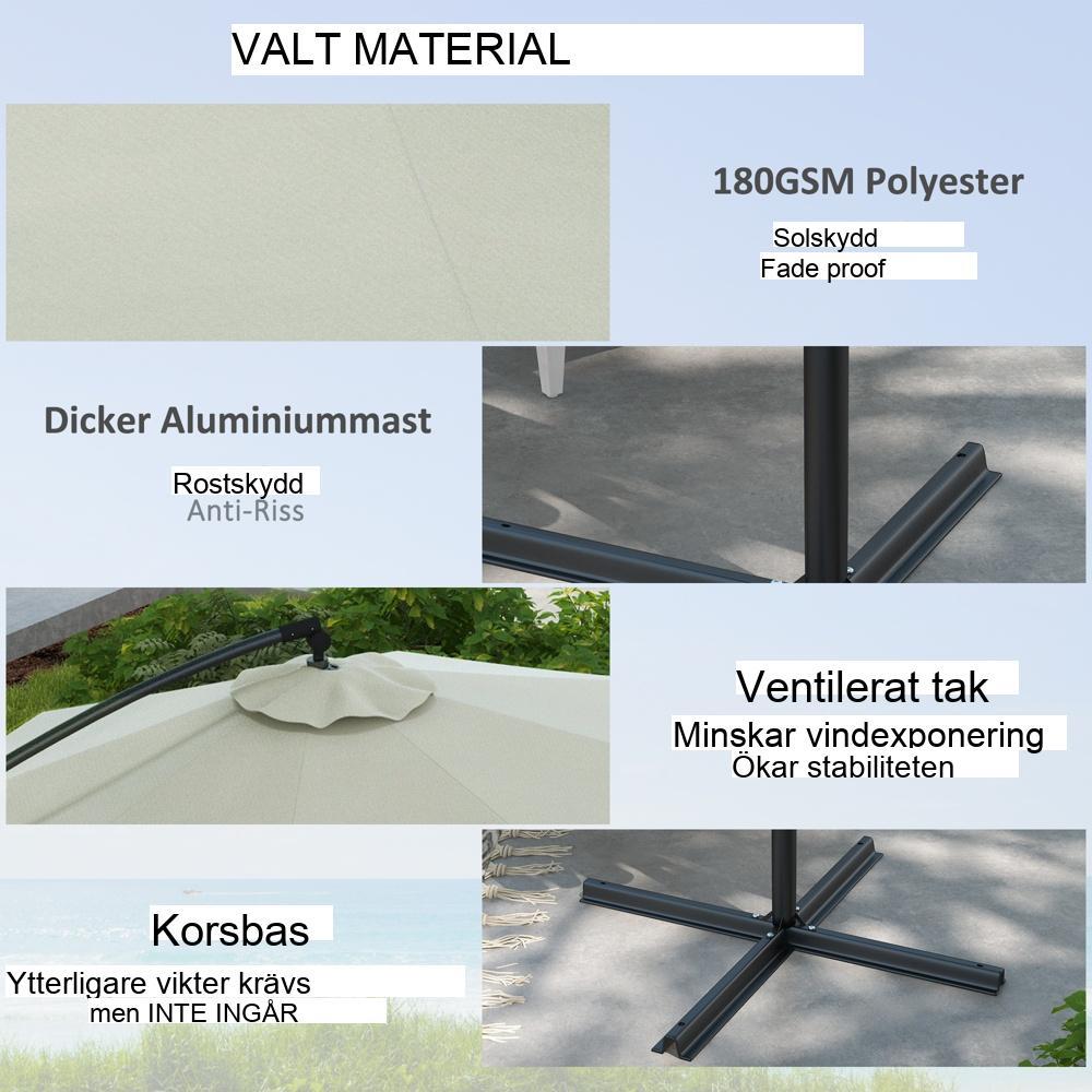 Cream Cantilever uteplatsparaply – 3M, vevmanövrerad, ventilerad, lutning och stabil