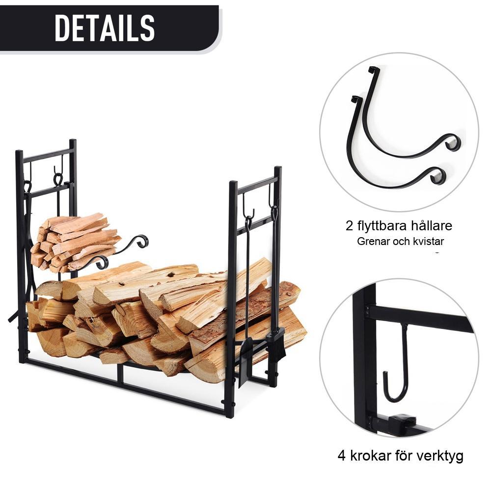 Rustikt svart vedställ med krokar och verktyg, 2-våningsställ för öppen spis med uteplats