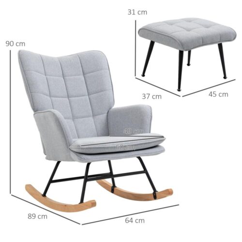 Ljusgrå gungstol med pall, bekväm design i linnelook upp till 130 kg