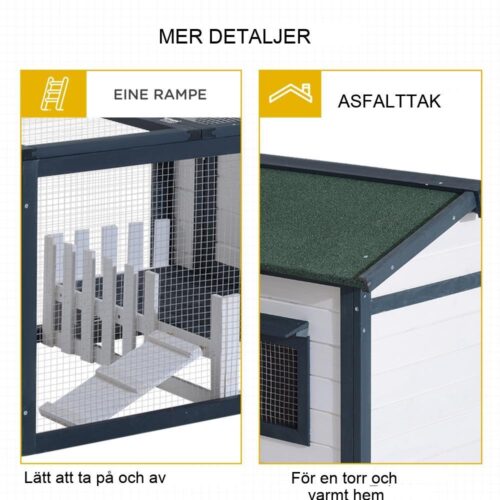 Grön och vit kaninhydda med löpning och ramp, rymligt inomhus- och utomhusutrymme