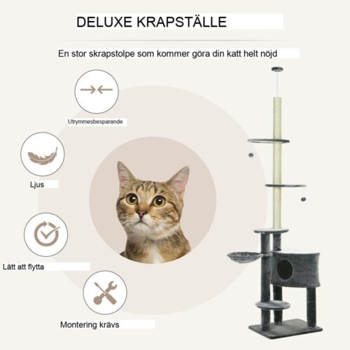 Justerbart kattträdstorn, sisalskrapstolpe, flera sittpinnar och säng