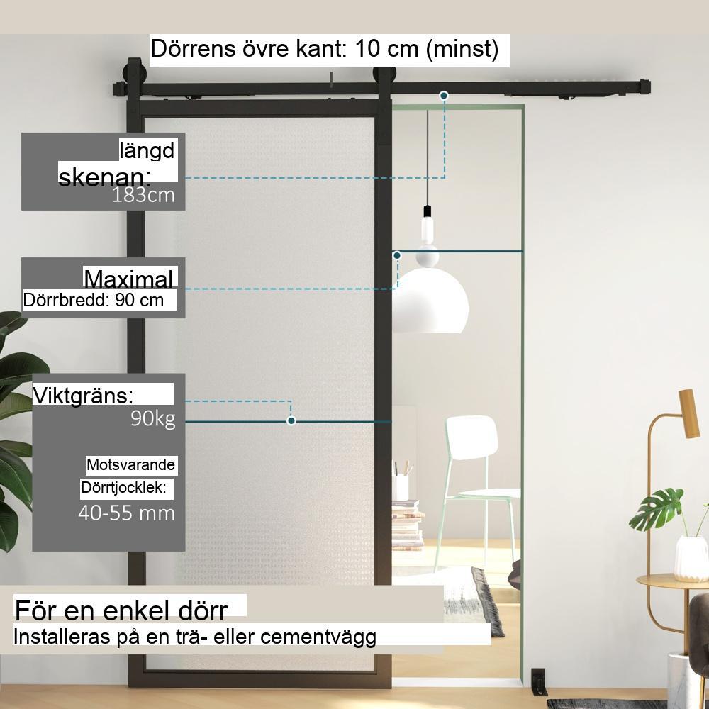 Svart skjutdörrssats, 183 cm, släta glidskenor, stöder 90 kg