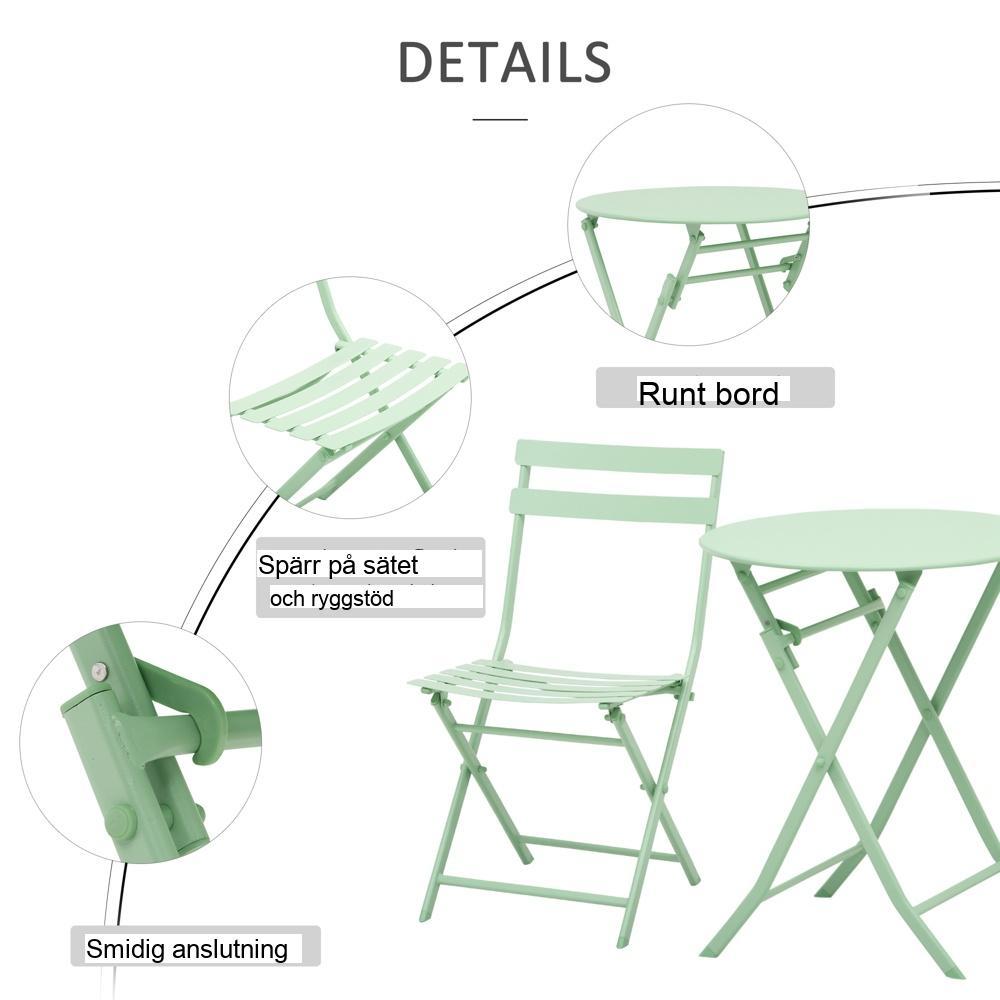 Hopfällbart bistroset för 2, runt metallbord med stolar, grönt