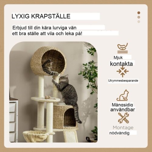 Beige kattskrapstolpe med rottinghus, hängmatta och ramp – upp till 5 kg