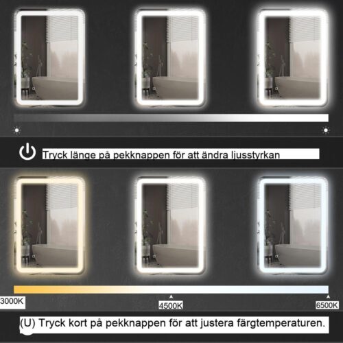 LED Badrumsspegel Touch Control, 3 ljusfärger, Anti-dimma, Silver 50x70cm