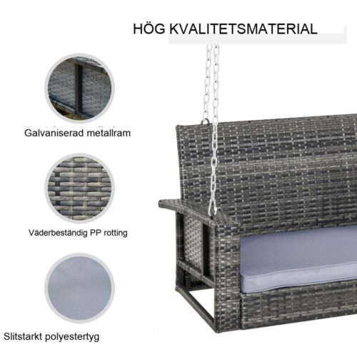 Grå hängbänkgunga i rotting för 2, dämpad trädgårdsverandagunga 127×57,5 cm