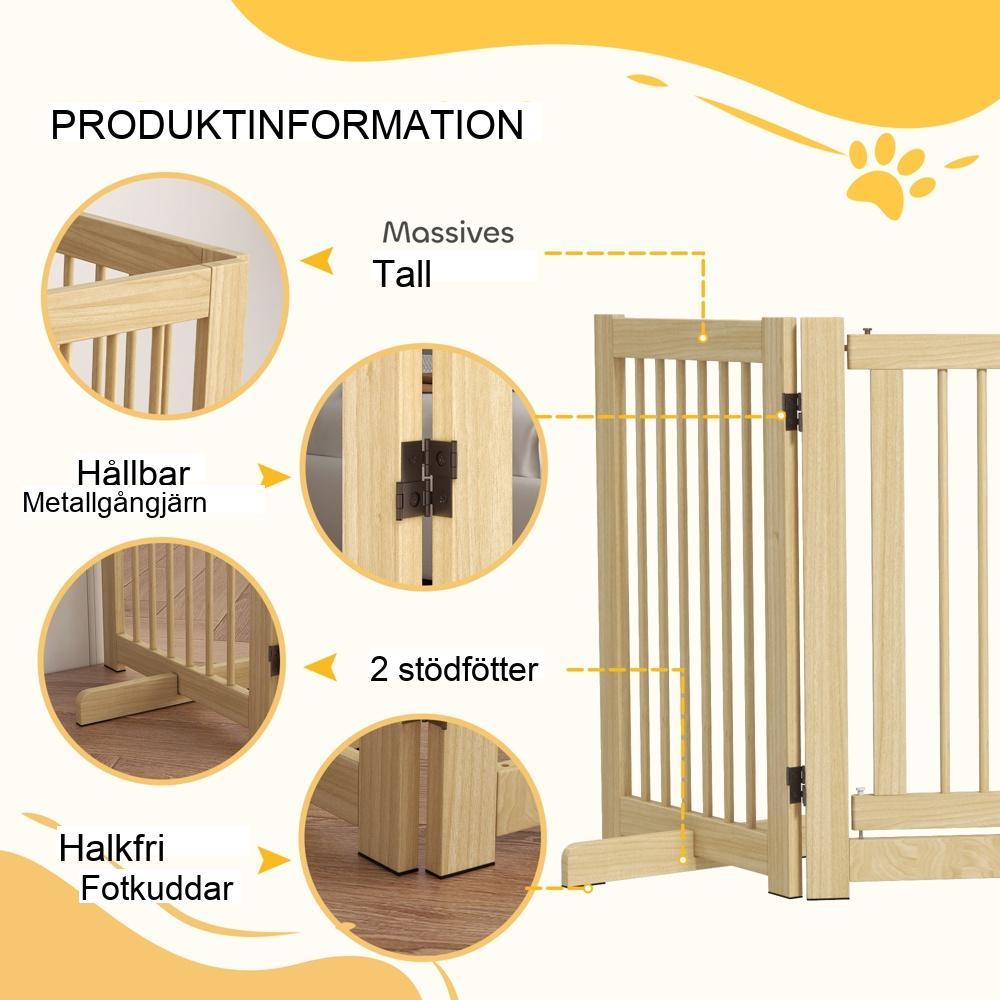 Hundport i trä med dörr, 4-panels vikbar barriär, säkerhet för hallar och trappor (204x75cm)