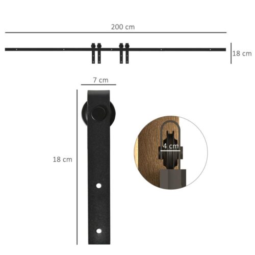 Svart skjutdörrssats för dubbeldörrar, 200 cm 20 kg Kapacitet