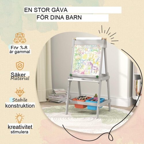 Grå 3-i-1 staffli för barn med tavla, whiteboard och pappersrulle för konst och hantverk i åldrarna 3-8