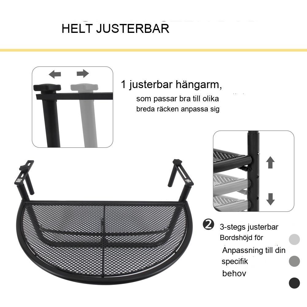 Justerbart Höjdhängande Balkongbord, Vitmetall, Halvcirkulärt, 30cm