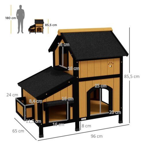 Yellow Fir Wood Cat House med flera ingångar, 2 våningar och tak