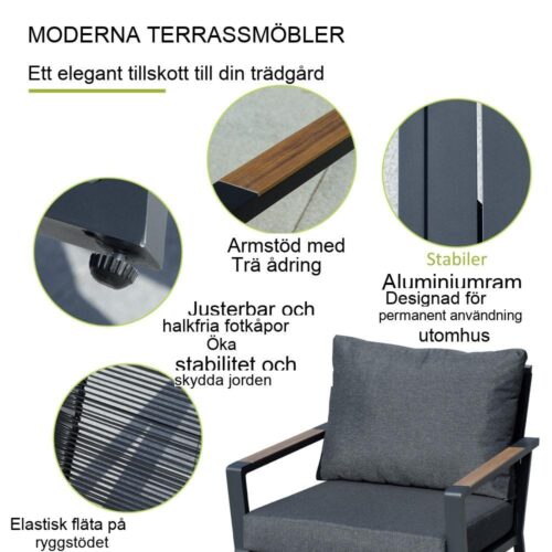 Grå polyrattan och aluminium soffset för 4, väderbeständig och modern