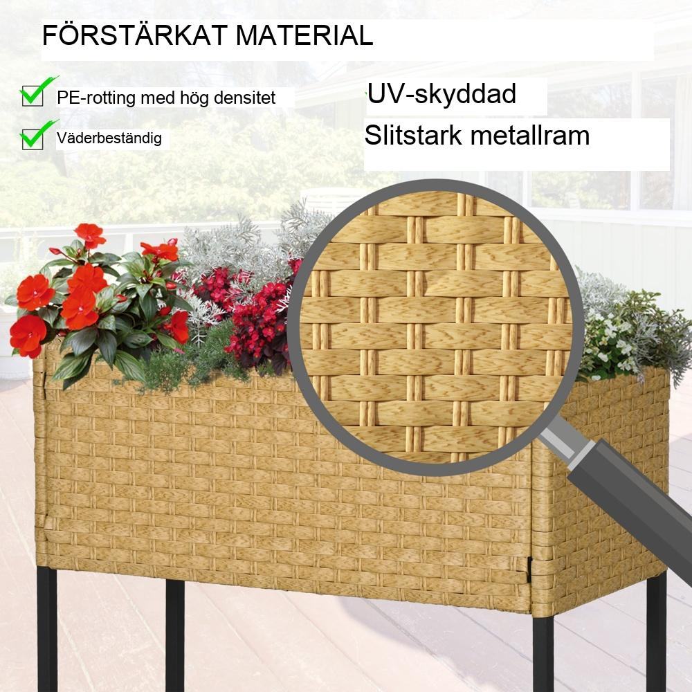 Sandfärgad upphöjd blomsterbädd i polyrotting med hylla – 70x30x72cm